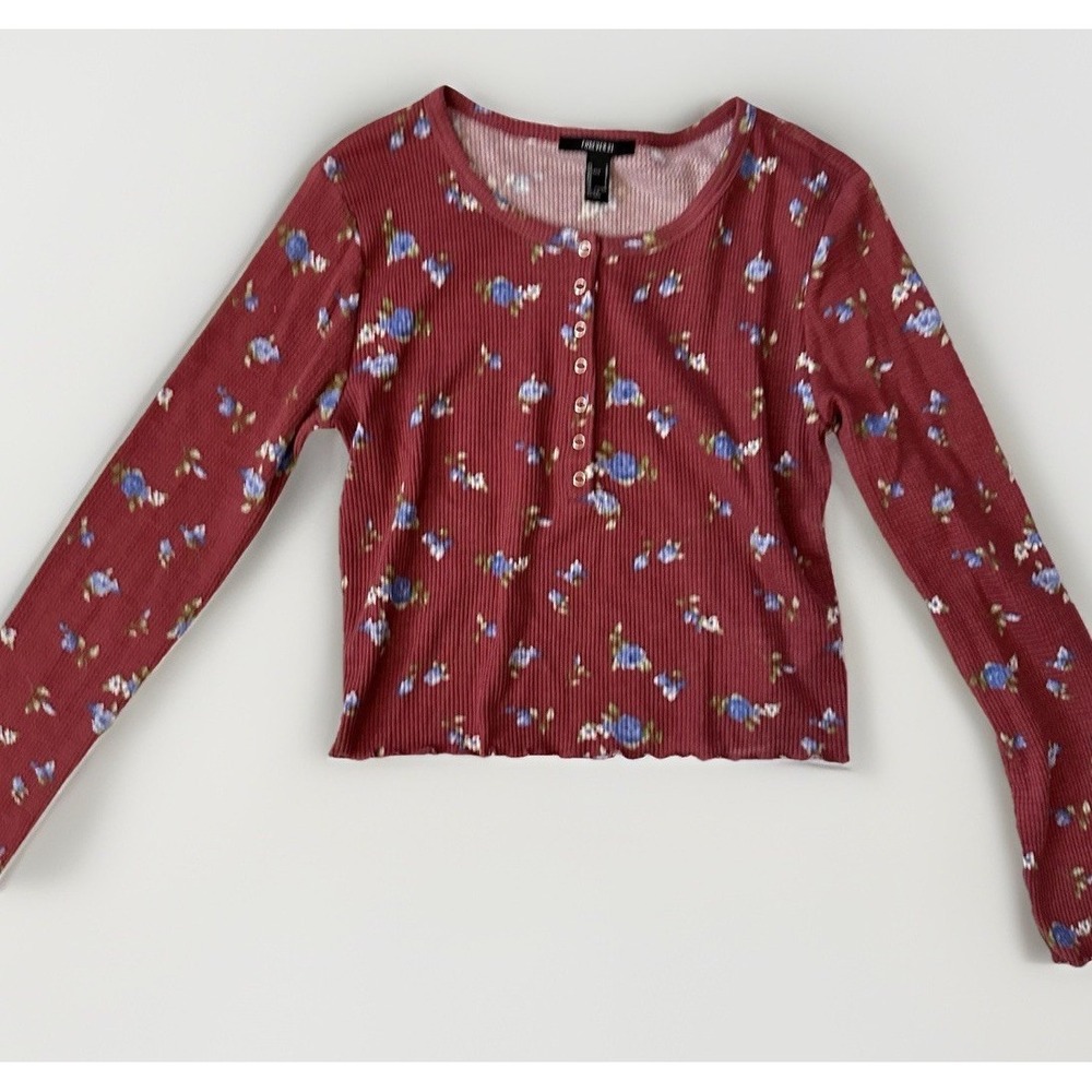 Forever 21 Thermal Floral Top Large‎ Snap Button Long Sleeve Waffle Knit Warm